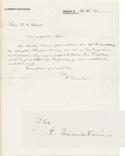 EINSTEIN Albert (1879-1955) L'illustre physicien, prix Nobel en 1921. Lettre autographe...