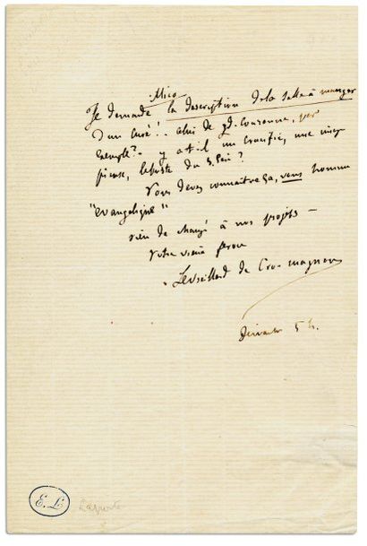 FLAUBERT Gustave. Lettre autographe signée « Le vieillard de Cro-magnon », ½ page...