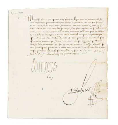 FRANÇOIS Ier (1515-1547) Roi de France dès 1515. Lettre signée « Francoys », 1 page...