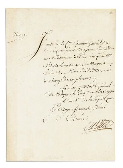 GÉNÉRAUX de la Révolution et de l'Empire. Sept pièces signées, certaines autographes,...