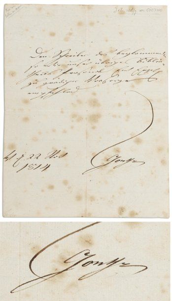 GOETHE, Johann Wolfgang von (1749-1832) L'illustre poète allemand. Lettre autographe...