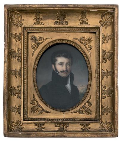 HOLLIER Portrait d'homme à la redingote grise
Miniature ovale.
Signée.
H_19 cm L_14,5...