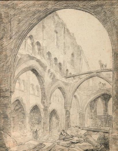 Hubert ROBERT (Paris 1733-1808) Ruines animées d'une église gothique derrière un...