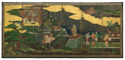 JAPON - DÉBUT ÉPOQUE EDO (1603-1868), XVIIE SIÈCLE Paravent à six feuilles, encre...