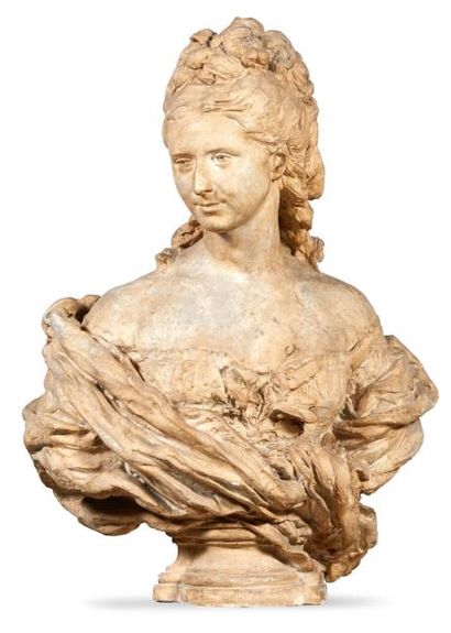 École Française du XIXe siècle Grand buste en plâtre représentant une femme de qualité.
(Usures)
H_85,5...
