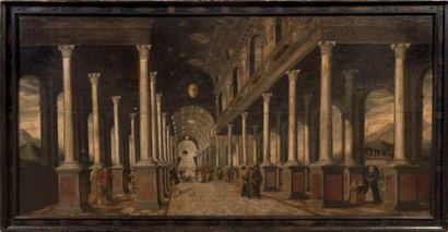 ATTRIBUÉ À BARTHOLOMEUS VAN BASSEN (1590 - 1652) Intérieur d'église avec le Christ...