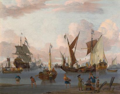 JOHANNIS DE BLAAUW (1712-1776) Vaisseaux hollandais près de la côte Toile. H_55 cm...