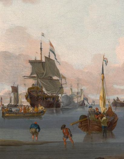 JOHANNIS DE BLAAUW (1712-1776) Vaisseaux hollandais près de la côte Toile. H_55 cm...