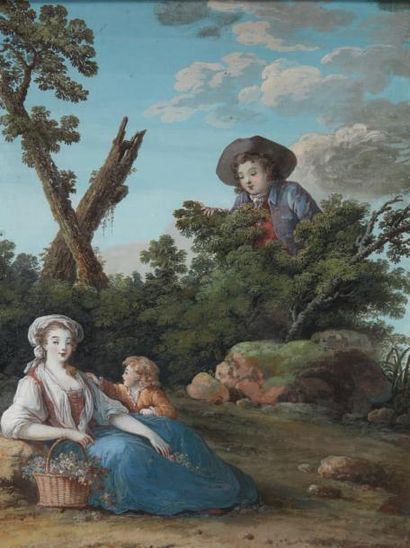 École FRANÇAISE du XVIIIe siècle Jeune femme au panier de fleurs accompagnée d'un...