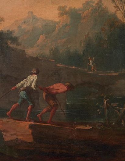 ATTRIBUÉ À FRANCESCO ZUCCARELLI (1702 - 1788) Pêcheurs sous un pont de pierre
Toile.
H_76...