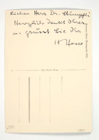 [HESSE, Hermann] [Carte postale]

Montagnola, 1955

ENVOI À WILHELM STÄMPFLI, ÉDITEUR...