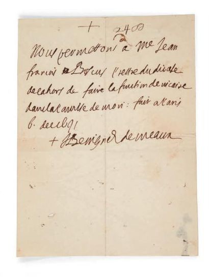 BOSSUET (Jacques-Bénigne) 

Attestation autographe relative à un prêtre du diocèse...