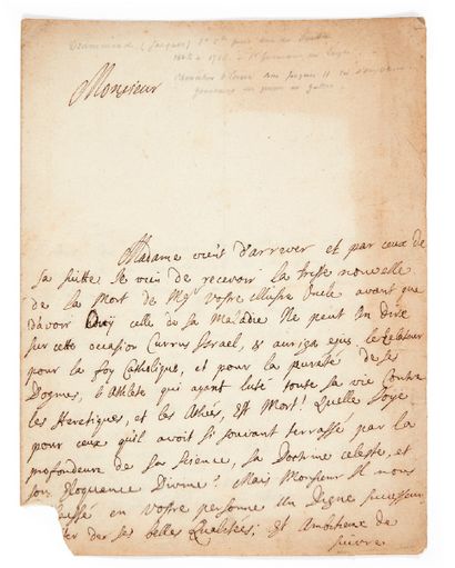 DRUMMOND (Jacques) 

Lettre à l'abbé Bossuet. Sans lieu, le 12 Avril 1704.

Lettre...
