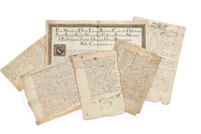 null [CHARTES ET DOCUMENTS ADMINISTRATIFS]. 5 manuscrits sur parchemin du XVIIe siècle.

-...