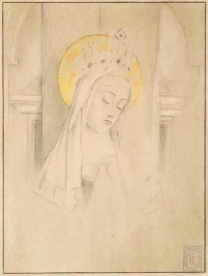 Fernand Khnopff (1858-1921) La sainte, ca 1914
Dessin, pastel et fusain sur papier.
Cachet...