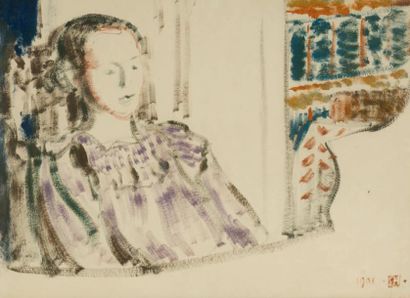 GEORGES LEMMEN (1865-1916) Jeune femme dans sa loge, 1901
Huile sur papier.
Monogrammée...
