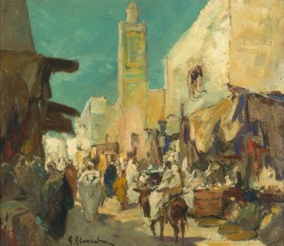 Gustave FLASSCHOEN (1868-1940) Rue au Maroc
Huile sur toile marouflée sur panneau.
Signée...