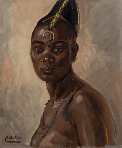 André HALLET (1890 - 1959) Portrait d'une femme Hutu
Huile sur panneau;
Signée en...