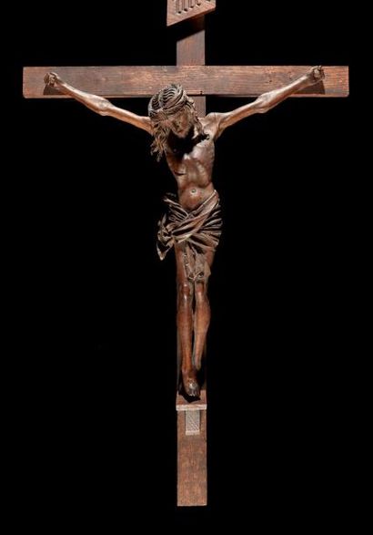 null Christ en tilleul sculpté sur croix en chêne. Tête inclinée sur l'épaule droite,...
