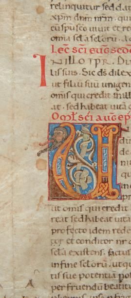 null Grande feuille manuscrite sur vélin avec texte sur deux colonnes en minuscule...