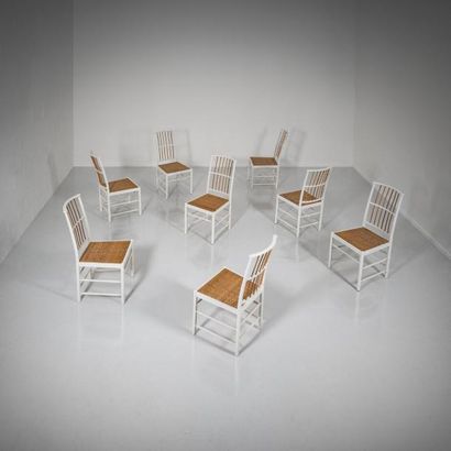 JOSEF FRANK (1885-1967) Suède 
Suite de huit chaises modèle «2025»
Bois laqué blanc,...