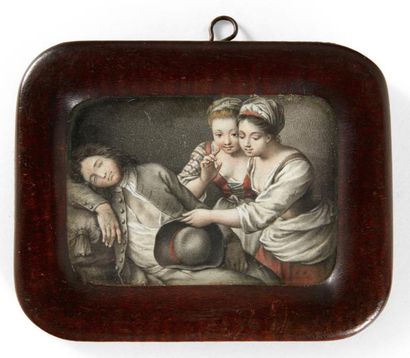 KARL GUSTAV KLINGSTEDT (1657-1734) L'heureuse découverte, jeune homme assoupi.

Miniature...
