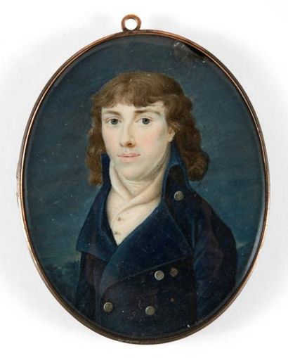 RICHARD COSWAY (1742-1821) (ATTRIBUÉ À) Portrait de jeune homme à la redingote bleue.

Miniature...