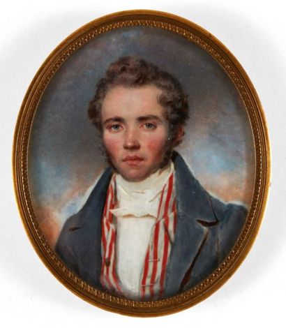 MADAME LEZINCKA DE MIRBEL (1796-1849) Portrait de jeune homme en redingote bleue...