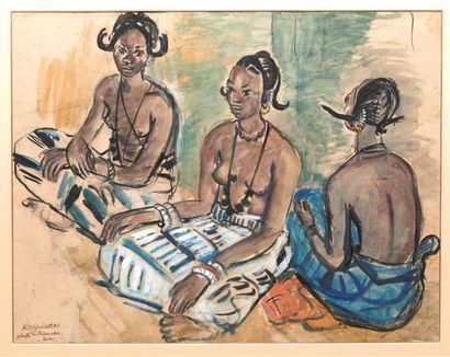 Monique CRAS (1910-2007) Femmes de Bamako, Soudan Gouache. Signé. H_53 cm L_69 c...
