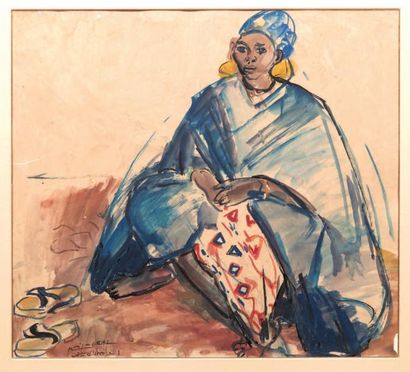 Monique CRAS (1910-2007) Femme assise, Côte d'Ivoire Aquarelle sur papier. Signé....