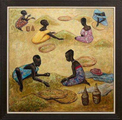 FRANCINE SOMERS (NÉE EN 1963) Jeunes cueilleurs de café au Rwanda Huile sur panneau....