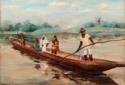 MARCOLINOS Pirogue traversant la rivière Huile sur toile. Signé. H_43 cm L_62 cm