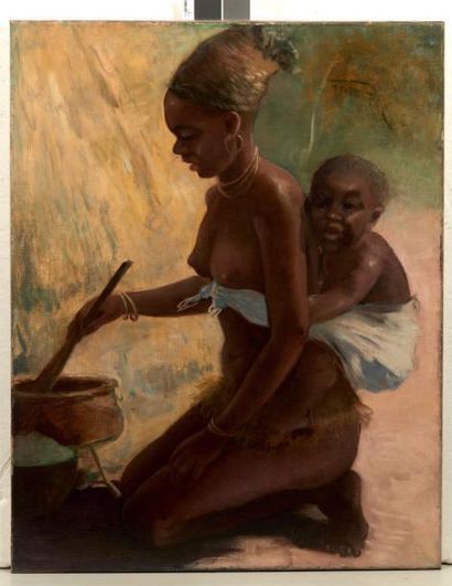 Pal FRIED (1893-1976) Mère avec son enfant préparant le repas Huile sur toile. H_80...