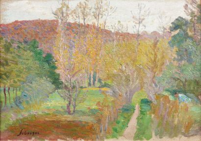 HENRI LEBASQUE (1865-1937) Personnage dans un paysage Huile sur toile. Signée en...