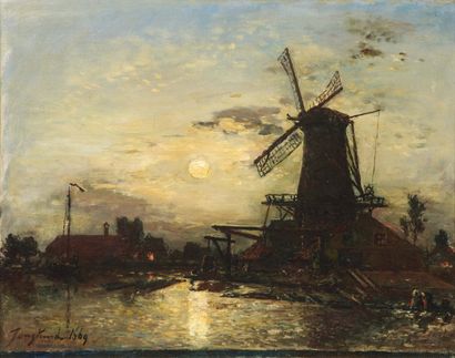 JOHAN-BARTHOLD JONGKIND (1819-1891) La Meuse aux environs de Rotterdam, 1869 Huile...