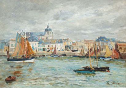 EDMOND MARIE PETITJEAN (1844-1925) Port de Bretagne Huile sur toile. Signée en bas...