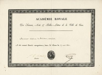 [ALPHONSE DE BREBISSON] 9 diplomes de sociétés savantes de Falaise, Caen, Cherbourg,...