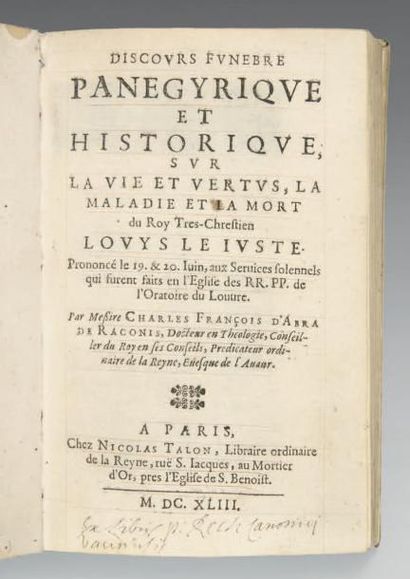 ABRA DE RACONIS (Charles François) Discours funebre panegyrique et historique, sur...