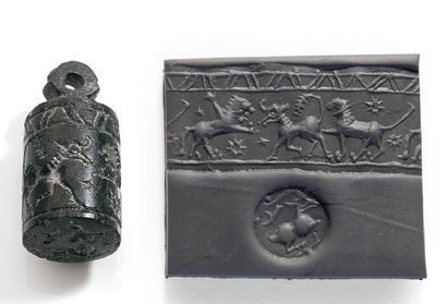 null SCEAU-CYLINDRE: FRISE ANIMALE.
Urartu, ca. 800-650 av. J.-C.
Cylindre muni d'une...