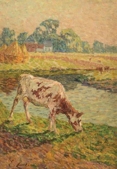 Emile Claus (1849-1924) Vache au bord de la Lys
Huile sur toile marouflée sur panneau.
Signée...