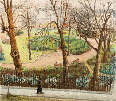 Jehan FRISON (1882-1961) Le square de Meeus animé à Bruxelles, 1927 Huile sur toile....