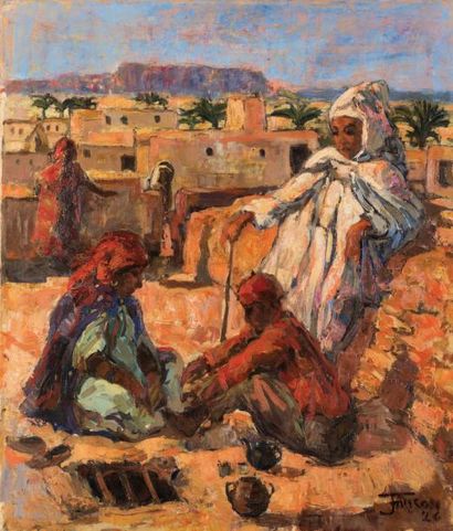 Jehan FRISON (1882-1961) Les petits algériens à Bou Saada, 1926 Huile sur toile....