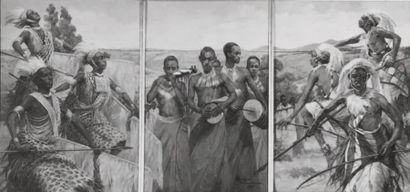Emile DECKERS (1885-1968) Danseurs Tutsis, 1946 Huile sur toile. Signée, datée et...