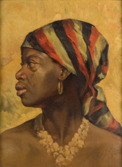 EMILE JULES LEBRUN (1864-1933) Profil d'une femme africaine au fichu aux couleurs...