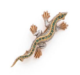 null Broche en or jaune et gris 18K (750) dessinant une salamandre, le dos serti...