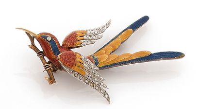 null Broche colibri en or 18K (750), émaillée polychrome, les ailes agrémentées de...