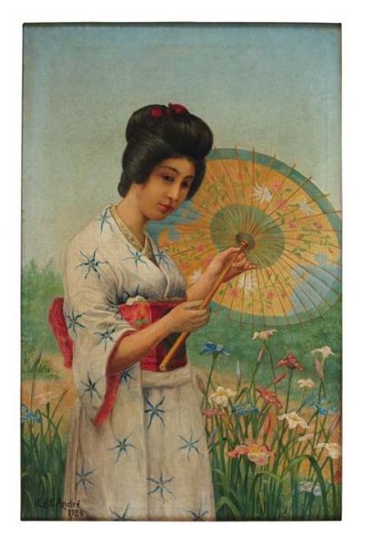 Andre Ed. (XXème siècle) Femme aux iris Peinture sur toile. Une femme vêtue d'un...