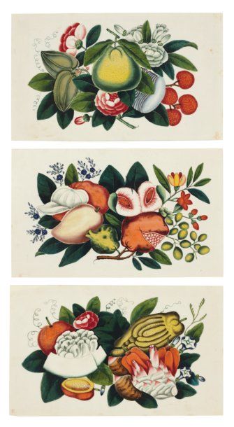 Anonyme Trois peintures sur papier de riz chinois. 1 : composition de fleurs, fruits....