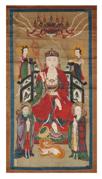 Anonyme Le Bodhisattva Dizang accompagné de quatre personnages - Peinture bouddhique...