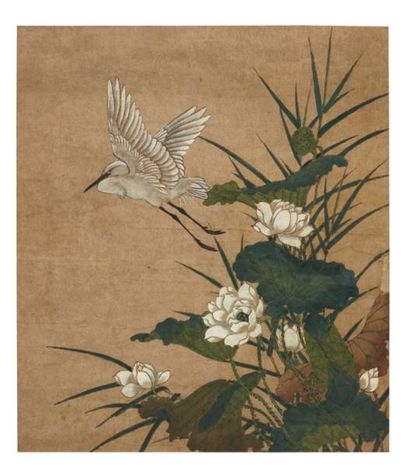 Anonyme Japon Héron volant au-dessus des lotus blancs Peinture polychrome sur papier,...